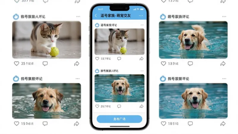 手机屏幕显示“逗号家族-萌宠交友”的动态广场界面,页面上有多个宠物帖子,包括猫咪玩球、狗狗游泳的照片,每个帖子下方有点赞和评论图标,界面底部有发布按钮,风格清新明快,画质干净,无多余元素