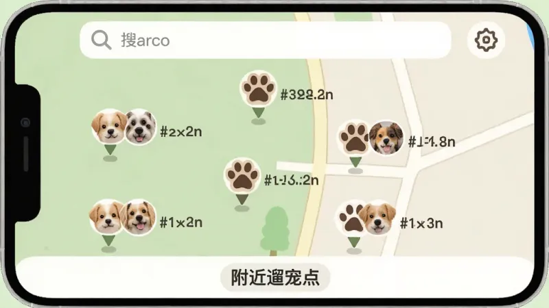 一张手机地图截图风格图片,地图上标注着多个宠物爪印图标,每个图标旁边有宠物头像和距离信息,地图背景是浅绿色和米色,界面顶部有搜索栏,底部有“附近遛宠点”标签,风格简约可爱,画质干净,无多余元素