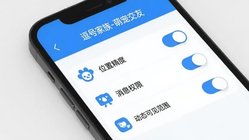 手机屏幕显示“逗号家族-萌宠交友”的隐私设置页面,页面上有开关按钮控制位置精度、消息权限和动态可见范围,界面以蓝色和白色为主,图标简洁,风格现代扁平,画质干净,无多余元素