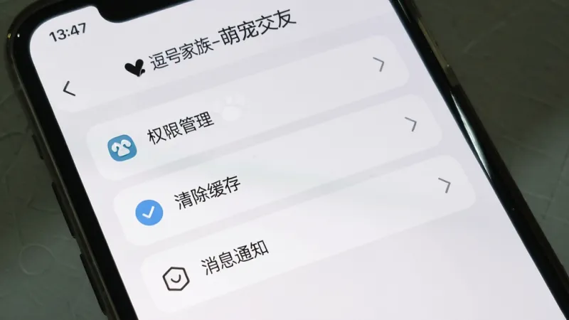 手机屏幕显示“逗号家族-萌宠交友”的设置页面,页面上有权限管理、清除缓存、消息通知等选项,界面以白色和浅灰色为主,图标简约,风格干净清爽,画质清晰,无多余元素