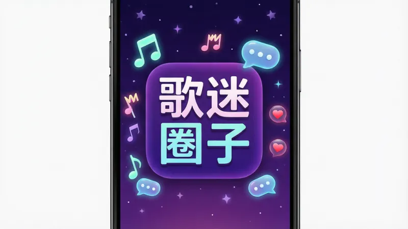 一张手机屏幕展示歌迷圈子App的主界面，画面中央是“歌迷圈子”四个大字的App图标，周围环绕着音乐符号、粉丝举着应援灯牌、聊天气泡和爱心图标，背景是深紫色渐变星空，布局居中对称，风格年轻潮流，细节处有荧光光效，画质高清干净，无多余元素