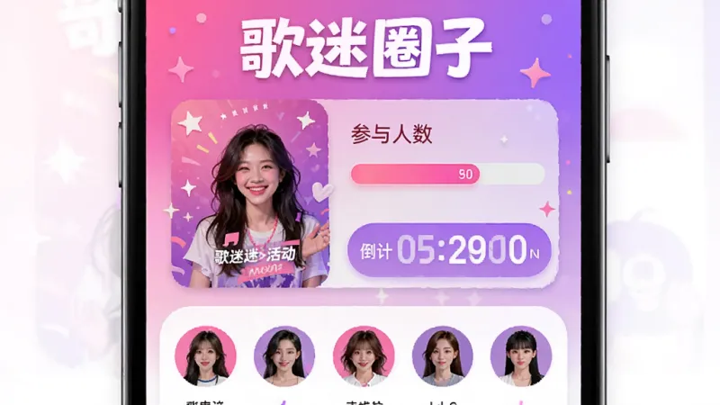 歌迷圈子App的应援活动页面，画面中有“歌迷圈子”字样，展示活动海报、参与人数进度条和倒计时，粉丝头像排列在下方，配色为粉紫色调，风格活泼热情，画质清晰干净，无多余元素