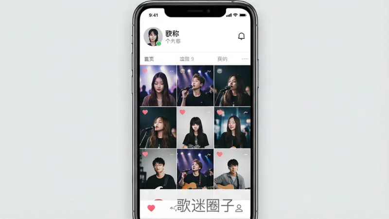 手机展示歌迷圈子App的个人主页界面，顶部是用户头像和昵称，中间是九宫格动态图片，底部有“歌迷圈子”水印，背景为浅灰色，布局干净整洁，风格清新，画质高清无多余元素