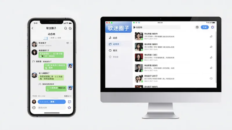 歌迷圈子App在手机和电脑模拟器上同时打开的对比图，左边是手机竖屏显示圈子聊天界面，右边是电脑大屏显示动态列表，画面中带有“歌迷圈子”文字标识，风格写实，画质清晰，背景简洁，无多余元素
