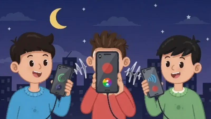 OK语音语音连麦场景插画，画面中三个卡通人物各自拿着手机，手机之间用声波线条连接，背景是夜空和城市剪影，风格轻松活泼，画质干净，无多余元素
