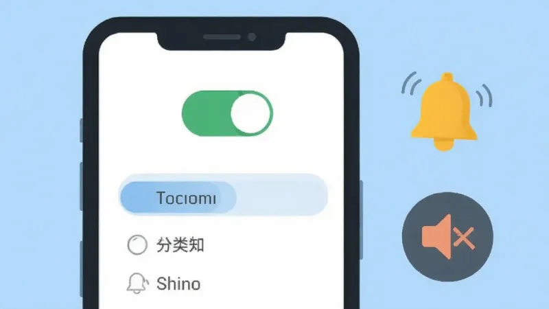 OK语音消息通知设置界面插画，手机屏幕显示开关按钮和分类选项，旁边有铃铛图标和静音图标，背景是淡蓝色，风格扁平化，画质清晰，无多余元素