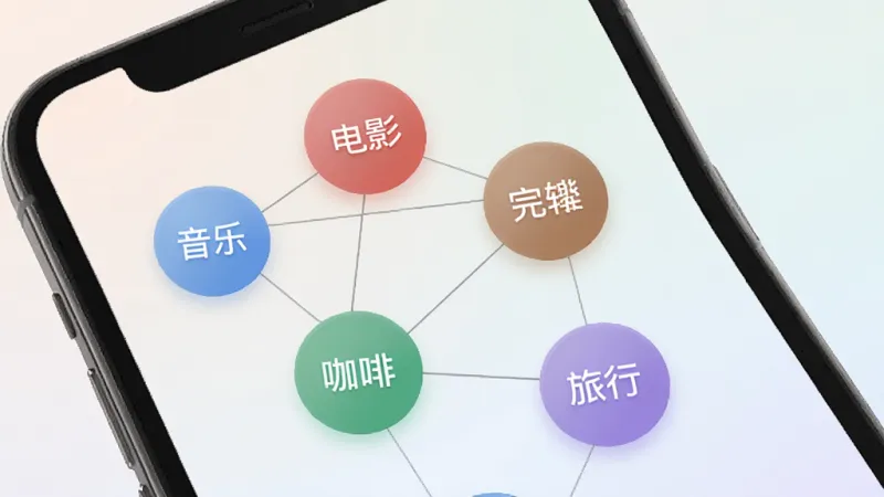 一张展示Mooni兴趣圈子功能的AI生图，画面主体是一个手机屏幕，屏幕上显示着多个彩色的圆形气泡，每个气泡里写着不同的兴趣标签，如音乐、电影、咖啡、旅行等，气泡之间有细线连接，象征兴趣匹配，背景是柔和的浅色渐变，风格简洁现代，画质干净无多余元素。