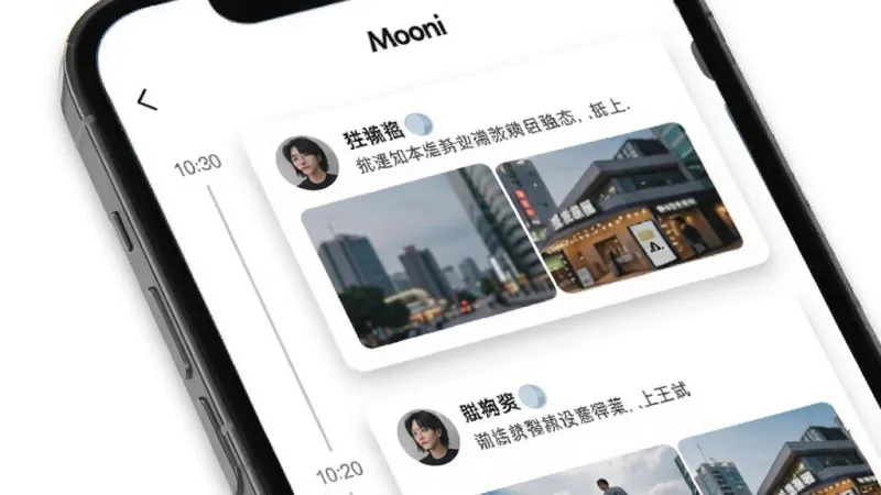 一张展示Mooni动态广场界面的AI生图，画面主体是手机屏幕，屏幕上显示着按时间顺序排列的用户动态卡片，每张卡片包含用户头像、昵称、文字内容和配图，界面背景是纯白色，卡片有轻微的阴影，风格极简，画质干净，屏幕上方有“Mooni”字样。