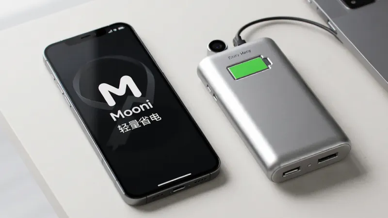 一张展示Mooni轻量化特性的AI生图，画面主体是一个手机和一个充电宝并排放在桌面上，手机屏幕上显示Mooni的Logo和“轻量省电”字样，充电宝电量显示满格，背景是简洁的桌面，风格写实，画质干净，无多余元素。