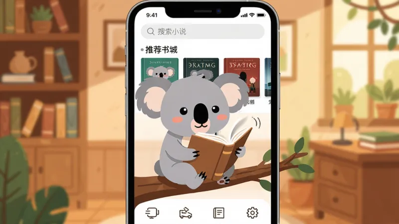考拉小说 应用主界面展示,画面中央是一只可爱的卡通考拉抱着书本坐在树杈上,背景是温暖的书房场景,主体是手机屏幕展示考拉小说书城页面,布局是上方搜索栏中间推荐书单下方分类导航,排版简洁明了,风格是扁平化插画风,细节上书本有翻页的动态感,画质清晰干净无多余元素