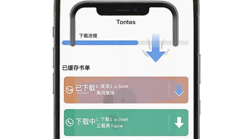 考拉小说 离线缓存功能展示,主体是手机屏幕显示下载进度条和已缓存书单列表,布局是上方进度条下方列表,排版将已下载和下载中两种状态用不同颜色区分,风格是实用工具类扁平设计,细节上下载箭头带有向下的动感线条,画质干净无多余元素
