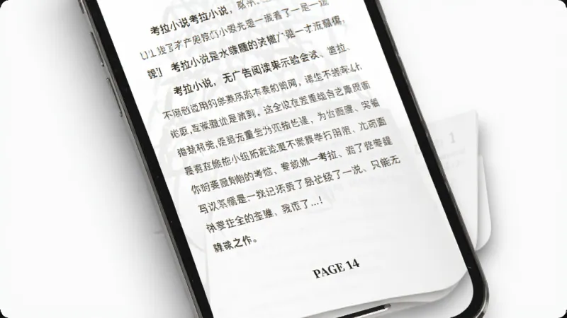 考拉小说 无广告阅读体验展示,主体是手机屏幕显示干净的小说正文页面,布局是只有文字和页码的极简排版,排版留白舒适,风格是清新极简风,细节上页面边缘有淡淡的书页阴影,画质干净无多余元素