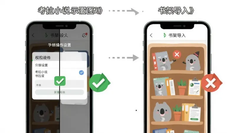 考拉小说 新手操作示意图,主体是手机屏幕分屏显示权限设置和书架导入两个画面,布局是左右对比排版,风格是教程类扁平插画,细节上带有绿色的对勾和红色的叉号图标,画质清晰干净无多余元素