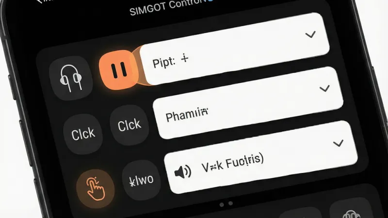 一张展示SIMGOT Control触控自定义界面的概念图，画面主体是手机屏幕上的触控设置面板，面板中左右耳机图标旁分别列有点击、双击、长按等手势选项，每个选项旁有下拉菜单显示不同功能图标如播放暂停、切歌、音量调节，背景为深色模式界面，布局清晰分区明确，风格为UI设计展示图，细节上图标采用圆角线性风格，选中状态有高亮色块，画质锐利干净，无杂乱元素。