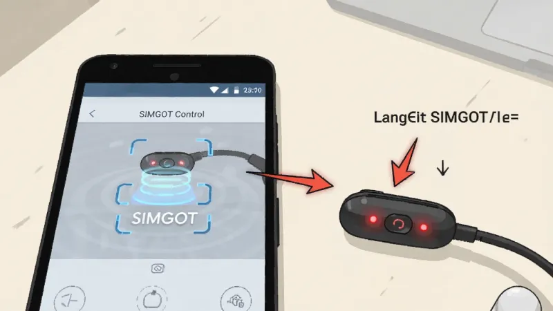 一张展示安卓手机连接SIMGOT耳机的操作示意图，画面中手机屏幕显示SIMGOT Control的搜索界面，耳机放在手机旁边，旁边有箭头指示长按耳机触控区的动作，背景为浅色桌面，布局采用步骤图解式构图，风格为简洁说明插画，细节上耳机指示灯用红色光点表示闪烁状态，手机界面有扫描动画，画质清晰干净，无多余元素。