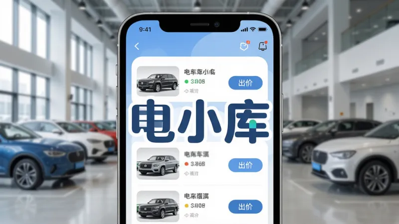 一张展示手机应用界面的图片，手机屏幕中央清晰显示“电小库”三个大字的logo，背景是现代化的车辆拍卖大厅场景，屏幕内展示着车辆列表和出价按钮，布局简洁明快，风格现代扁平化，细节圆润，画质干净清晰，无多余元素