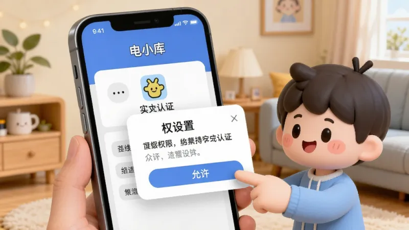 一张AI生成的图片，画面展示一部手机屏幕，屏幕上显示“电小库”的实名认证页面和权限设置弹窗，旁边有一个卡通人物用手指着屏幕上的“允许”按钮，背景是温馨的室内环境，布局清晰，风格轻松活泼，细节明确，画质干净无多余元素
