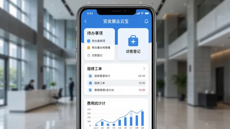 一张展示安发展业云宝软件核心全貌的手机界面截图，主体是一部现代智能手机，屏幕中央显示安发展业云宝APP的主页，布局包含待办事项卡片、访客登记入口、报修工单列表和费用统计图表，排版清晰，风格是简约的蓝白商务风，细节上图标圆润，背景是虚化的现代办公楼大堂，画质干净高清，无多余元素。