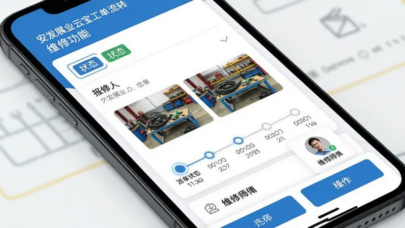 一张展示安发展业云宝工单流转功能的界面图，主体是手机屏幕特写，屏幕上显示一张维修工单的详情页，包含报修人信息、故障照片、派单状态时间轴和维修师傅头像，布局采用卡片式设计，排版从上到下依次是标题、状态标签、详情列表和底部操作按钮，风格是扁平化商务蓝，细节上时间轴有高亮节点，画质清晰干净，无多余元素。