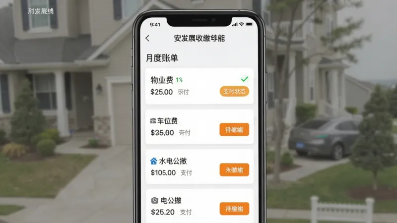 一张展示安发展业云宝费用收缴功能的界面图，主体是手机屏幕显示月度账单列表，包含物业费、车位费、水电公摊等条目，每条都有金额和支付状态标签，布局是纵向列表形式，排版整齐，风格是清爽的卡片式设计，细节上已支付条目显示绿色对勾，未支付显示橙色待缴按钮，画质干净无多余元素。