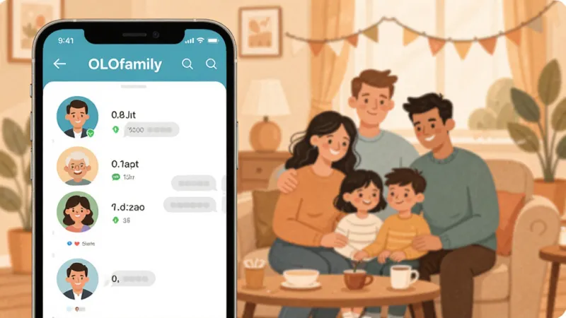 OLOfamily 家庭互动社区 App 主界面展示，包含家庭成员头像列表与聊天窗口，温馨家庭场景背景，扁平化设计风格，画面干净无多余元素，高清画质