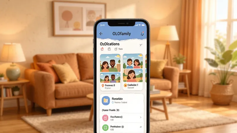 OLOfamily 家庭互动社区 App 功能展示图，画面中显示手机屏幕上有家庭成员位置地图、共享相册和日程提醒界面，客厅背景，温馨色调，扁平化图标风格，画质清晰干净