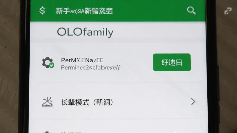 OLOfamily 安卓版 新手设置界面截图，显示权限开启和长辈模式选项，手机屏幕特写，简洁UI风格，画质干净