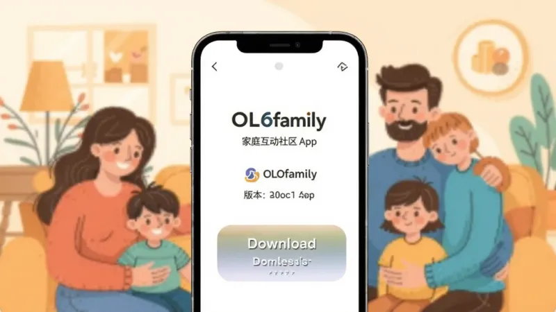 OLOfamily 家庭互动社区 App 下载页面展示图，手机屏幕显示下载按钮和版本信息，背景为温馨家庭插画，扁平化设计，画质清晰干净