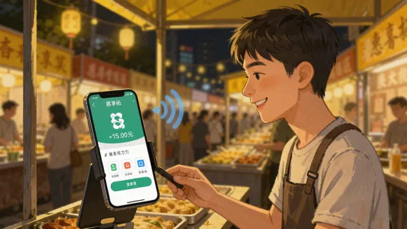 一位年轻摊主在夜市摊位前忙碌，手机放在支架上，屏幕亮起显示“惠享拓”收款成功界面，语音播报波纹图标浮现。背景是暖黄色灯光下的夜市氛围，主体突出手机和摊主微笑的侧脸，布局居中，风格写实带一点插画感，细节包括收款金额“+15.00元”、支付方式图标，画质干净，无多余元素。