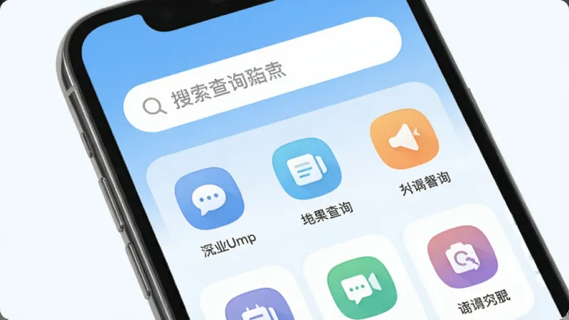 一张手机屏幕展示界面，画面中央是人人查询App主界面，顶部搜索框醒目，下方排列多个查询分类图标，背景为浅蓝色渐变，整体布局简洁，扁平化设计风格，细节圆润，画质干净，无多余元素