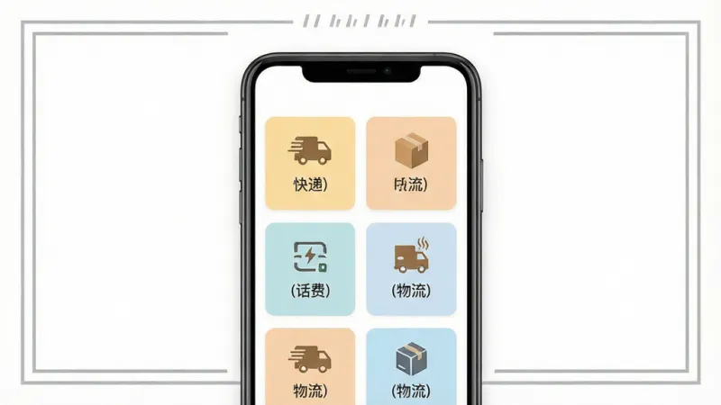 一张信息查询工具的功能展示图，画面中央是手机屏幕，屏幕内显示多个查询分类卡片整齐排列，卡片上有快递、话费、物流等图标，背景为白色，四周有浅灰色装饰线条，扁平化风格，画质干净，无多余元素