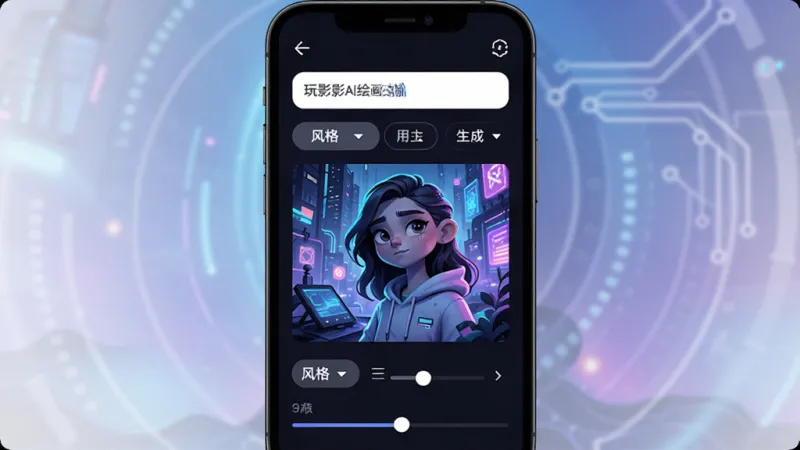 玩影AI绘画功能界面展示，手机屏幕中央显示文字输入框和生成的AI画作预览，画面中有风格选择标签和参数调节滑块，背景为深色科技风，蓝紫色渐变光效，整体排版简洁，风格现代扁平，画质干净无多余元素