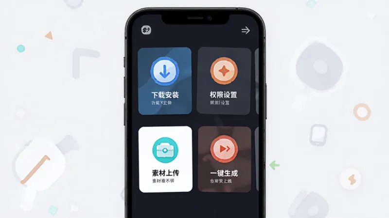 玩影AI新手操作引导界面展示，手机屏幕显示分步骤的操作提示卡片，包含下载安装、权限设置、素材上传、一键生成等步骤图标，界面以深色背景搭配亮色图标，排版清晰有层次，风格现代扁平，画质干净无多余元素