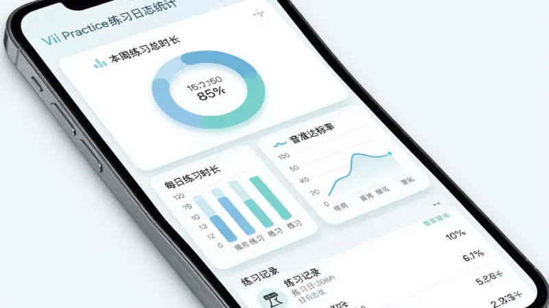 ViiPractice练习日志统计界面,主体为手机屏幕显示数据仪表盘,布局上方为本周练习总时长环形图,中部为每日练习时长柱状图与音准达标率折线图,下方为练习记录列表,排版规整留白合理,风格为清爽浅色主题配柔和蓝绿配色,细节上图表有细腻阴影与圆角,画质高清干净无多余装饰