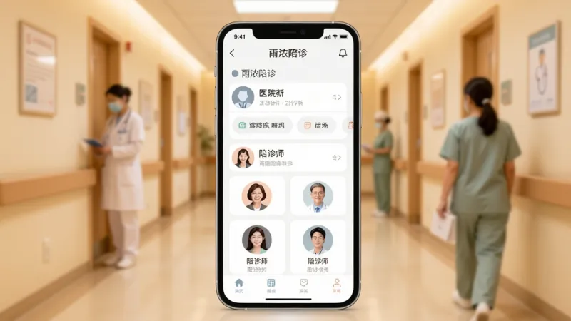 雨浓陪诊软件主界面全貌展示,画面中央放置一部智能手机,屏幕显示雨浓陪诊APP首页,清晰可见医院列表和陪诊师头像卡片,背景为温馨的暖色调医院走廊虚化场景,风格简约扁平化,布局居中对称,细节圆润柔和,画质干净无多余元素