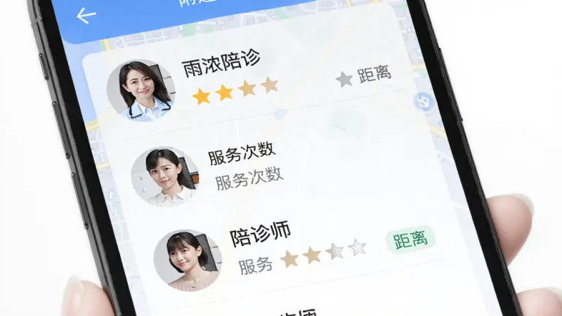 雨浓陪诊APP附近陪诊师列表界面,手机屏幕特写,展示陪诊师头像、评分星星、服务次数和距离标签,背景为城市地图浅色底纹,风格现代清新,布局从上到下依次排列,细节清晰,画质干净,无杂乱元素