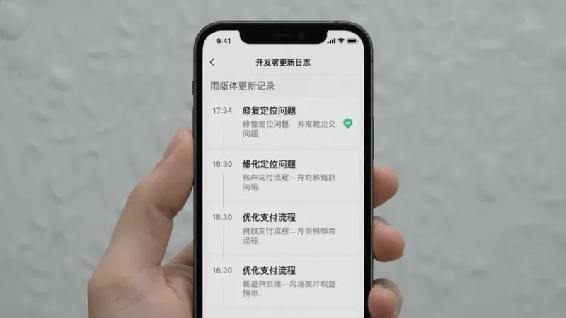 雨浓陪诊开发者更新日志界面,手机屏幕显示版本更新记录列表,包含修复定位问题、优化支付流程等条目,背景为浅灰色,风格极简,布局为时间线式排列,细节文字清晰,画质干净无广告元素