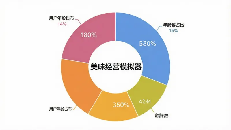 美味经营模拟器用户年龄分布饼状图,画面用不同颜色扇区展示四个年龄段占比,标注百分比,中心位置有“美味经营模拟器”字样,风格简洁清晰,画质干净,无多余元素