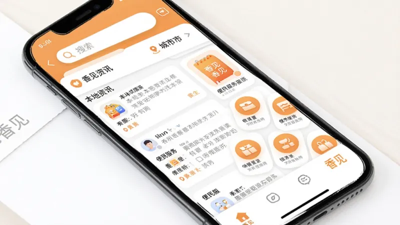 香见App首页整体界面展示,手机屏幕中显示简洁的卡片式布局,顶部有搜索栏和城市定位标识,中间是本地资讯信息流和便民服务图标网格,底部为导航栏,整体色调以白色和暖橙色为主,风格现代扁平,图标圆润清晰,画质干净,无多余元素,屏幕中清晰显示“香见”文字标志