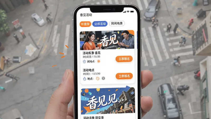 香见App同城活动页面,手机屏幕显示活动卡片列表,每张卡片包含活动海报图、活动名称、时间地点和“立即报名”按钮,顶部有分类筛选标签,界面风格活泼,配色以白底加橙色和蓝色点缀,画质干净,屏幕中显示“香见”文字
