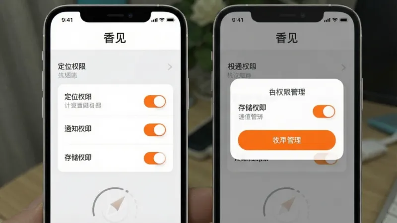 香见App新手操作指引界面,手机屏幕显示设置页面和权限管理弹窗,界面中包含定位权限、通知权限、存储权限的开关选项,旁边有文字说明标签,风格简洁明了,配色以白色和浅灰色为主,按钮为橙色高亮,画质干净,屏幕中显示“香见”文字