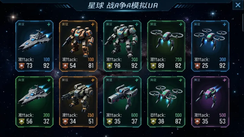 星球战争模拟器兵种选择界面,屏幕中显示多种科幻兵种卡片,包括星际战舰、机甲战士、无人机等,卡片上有攻击和防御数值,背景是深邃太空,UI风格简洁现代,色彩对比鲜明