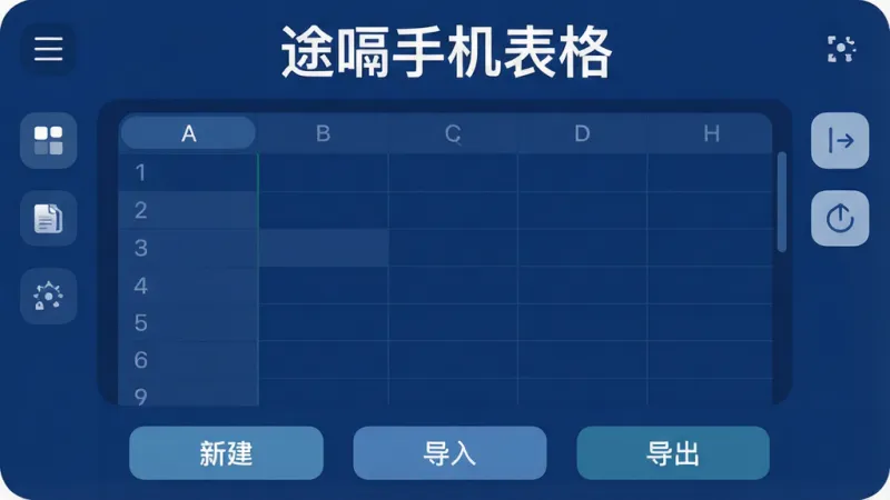 途嗝手机表格软件主界面全貌展示，画面中央是深蓝色调的表格编辑区域，顶部有醒目的“途嗝手机表格”标题栏，左右两侧分布着简洁的菜单图标与功能按钮，底部是新建、导入、导出三个核心操作按键，整体布局干净利落，风格现代扁平化，细节圆润清晰，画质高清无多余元素