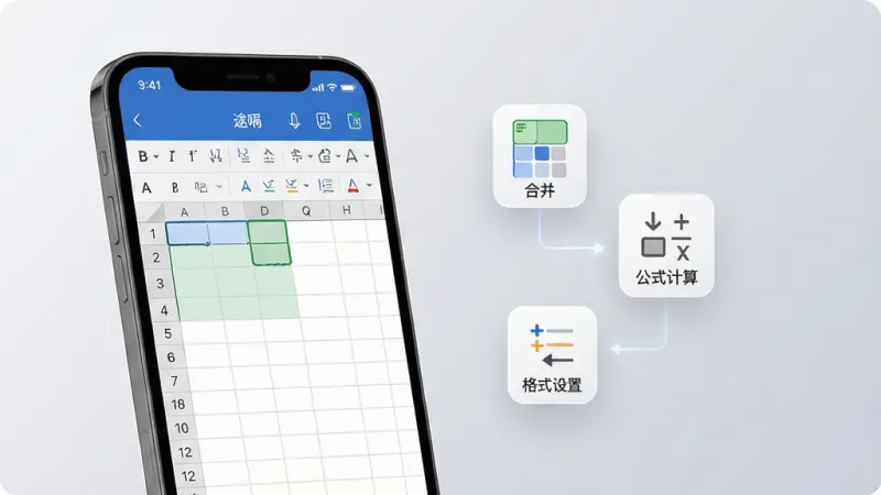 途嗝手机表格功能展示场景，画面左侧展示手机屏幕中的表格编辑界面，右侧悬浮显示合并单元格、公式计算、格式设置三个功能图标，背景为柔和的浅灰色渐变，风格简洁科技感，细节清晰锐利，画质干净无杂乱元素