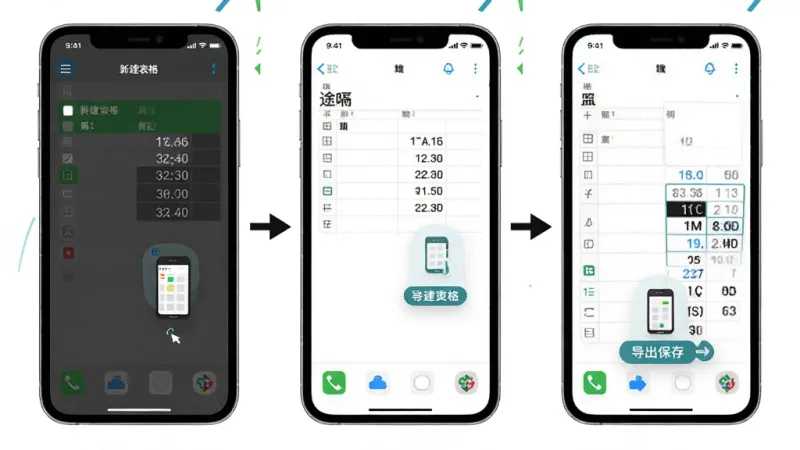 途嗝手机表格操作教程示意图，画面展示手机屏幕从左到右三个操作步骤，第一步点击新建表格，第二步输入数据并调整格式，第三步点击导出保存，每个步骤配以简洁的箭头和图标指示，背景为纯白色，风格清新明快，细节清晰，画质干净无杂乱元素