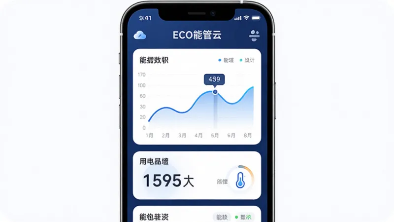 一款名为“ECO能管云”的手机应用界面展示,主体是深蓝色调的能耗数据看板,屏幕中央显示着清晰的折线图和用电量数字,布局简洁,排版规整,风格是现代化的商务科技感,细节上图标圆润,画质干净,没有多余的装饰元素