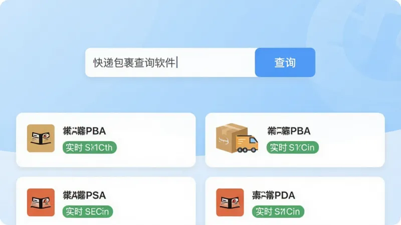 快递包裹查询通软件主界面截图,画面中央是快递单号输入框和查询按钮,下方展示多条物流轨迹卡片,每张卡片带有快递公司图标和实时状态标签,背景为浅蓝色渐变,整体布局简洁清爽,文字清晰可见,UI风格现代扁平,画质干净无多余元素