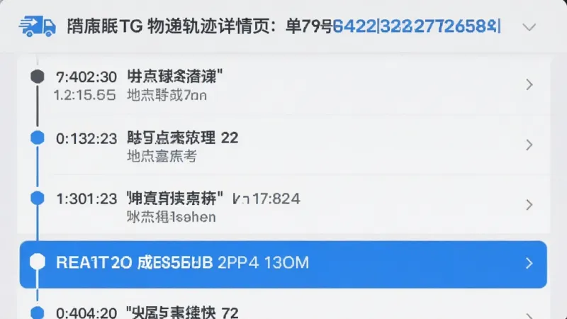 快递包裹查询通物流轨迹详情页截图,画面从上到下依次排列着多个物流节点,每个节点包含时间、地点和状态描述,最新节点高亮显示,顶部有快递公司名称和单号,整体为列表式布局,背景为浅灰色,文字颜色为深灰和蓝色搭配,风格干净利落,画质清晰无多余元素