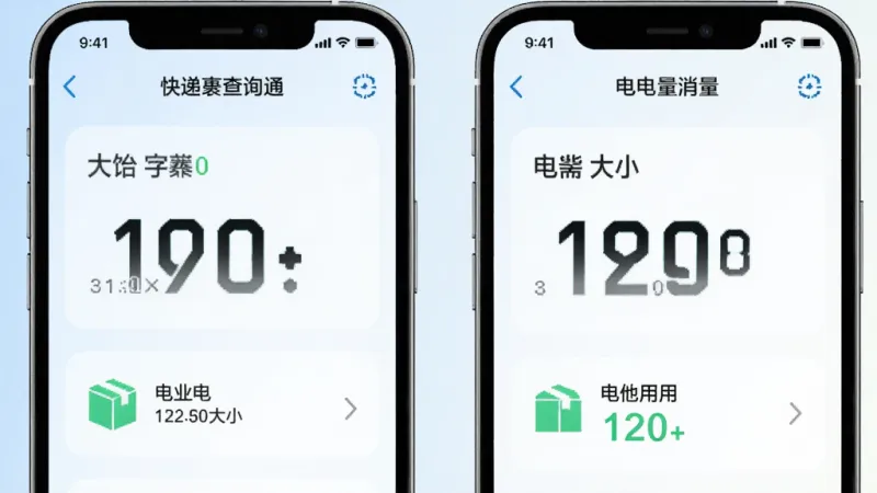 快递包裹查询通在手机上的存储占用和电量消耗数据截图,画面中显示应用大小和电池用量均为较低数值,旁边有手机模型展示,背景为浅色渐变,数据用大号字体突出显示,整体风格科技感十足但不过度装饰,画质干净无多余元素