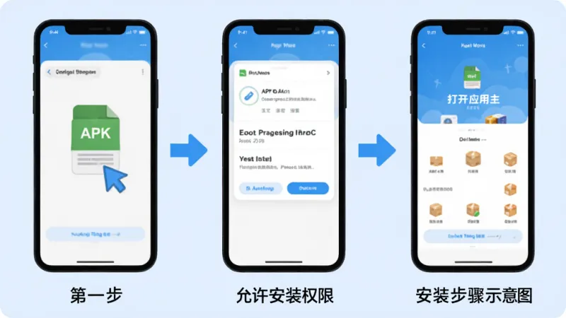 快递包裹查询通安装步骤示意图,画面从左到右展示三个手机屏幕,第一步是点击APK文件,第二步是允许安装权限,第三步是打开应用主界面,每个步骤下方有简短文字说明,背景为浅蓝色,图标和箭头指示清晰,整体风格教程化但简洁,画质干净无多余元素